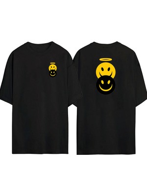 The Wert  Melek ve Şeytan Ön Arka Baskılı Sıyah Oversize T-Shirt