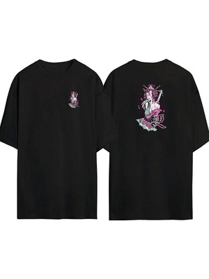 The Wert  Japon Geyşa Ön Arka Baskılı Sıyah Oversize T-Shirt