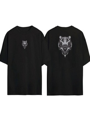 The Wert  Siyah ve Gri Kaplan Illüstrasyon Ön Arka Baskılı Sıyah Oversize T-Shirt