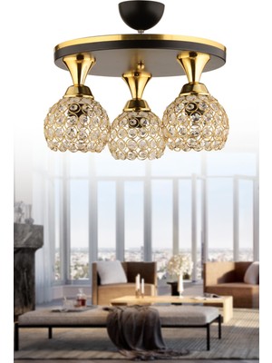 Woodhub Modern Defne 3 Lü Kristal Toplu Tepsi Siyaha Gold Lüks Modern Avize E27 3 Siyah Metal