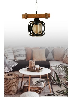 Woodhub 1 Otantik Ahşap Tekli Kafesli Boru Cam Avize Sarı 35 - 50 E27 Modern Ahşap