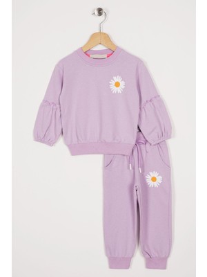 Zepkids Bisiklet Yaka Uzun Kol Cıcek Desenlı Lila Renk Kız Çocuk Esofman Takım