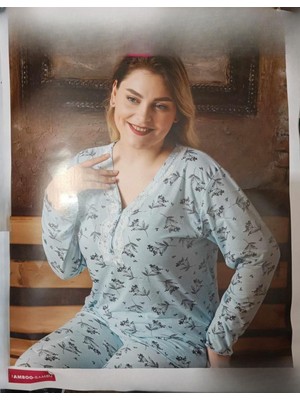Sude Kadın Bambu Büyük Beden Uzun Kol V Yakası Nakışlı Ince Pijama Takımı P/4331