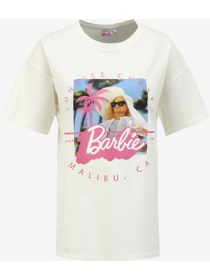 Barbie Ekru Kadın Bisiklet Yaka Relaxed Baskılı T-Shirt BRB4SL-TST6057