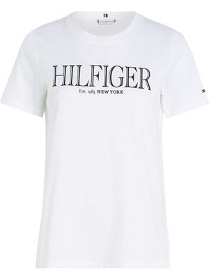 Tommy Hilfiger Bisiklet Yaka Baskılı Beyaz Kadın T-Shirt Reg Mdn Hılfıger C-Nk Ss