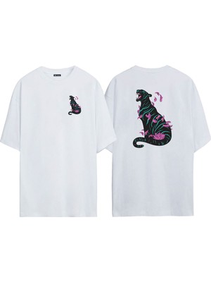The Wert Unisex Black Panter Pembe Yapraklar Ön Arka Baskılı Beyaz Oversize T-Shirt