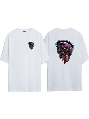 The Wert Unisex Enough Skull Ön Arka Baskılı Beyaz Oversize T-Shirt