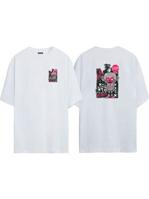 The Wert Unisex Bad Monkey Ön Arka Baskılı Beyaz Oversize T-Shirt