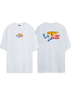 The Wert Unisex Fast ve Sıck Eye Ön Arka Baskılı Beyaz Oversize T-Shirt