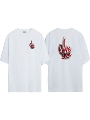 The Wert Unisex I Love You Ön Arka Baskılı Beyaz Oversize T-Shirt