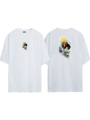 The Wert Unisex Boz Ayı Balık Yakalamak Illüstrasyon Ön Arka Baskılı Beyaz Oversize T-Shirt
