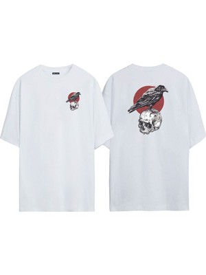 The Wert Unisex Karga ve Skull Ön Arka Baskılı Beyaz Oversize T-Shirt