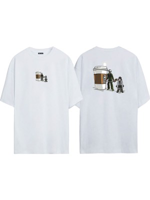 The Wert Unisex Coffee Refill Ön Arka Baskılı Beyaz Oversize T-Shirt