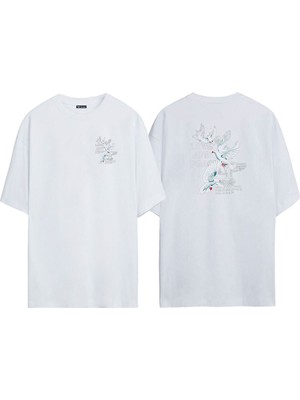 The Wert Unisex Love And Peace ,güvercin Ön Arka Baskılı Beyaz Oversize T-Shirt
