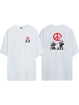 The Wert Unisex Graffiti Sokak Sanatı Tuval Ön Arka Baskılı Beyaz Oversize T-Shirt
