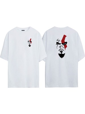 The Wert Unisex God Of War Savaş Tanrısı Ön Arka Baskılı Beyaz Oversize T-Shirt