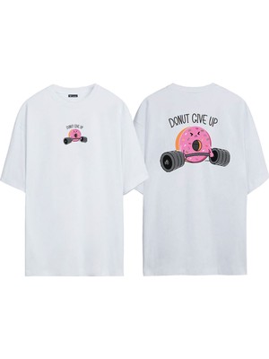 The Wert Unisex Donut Give Up Ön Arka Baskılı Beyaz Oversize T-Shirt
