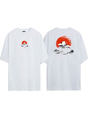 The Wert Unisex Japon Yanar Dağ Ön Arka Baskılı Beyaz Oversize T-Shirt