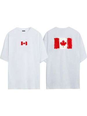 The Wert Unisex Kanada Bayrağı Ön Arka Baskılı Beyaz Oversize T-Shirt