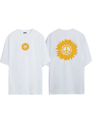 The Wert Unisex Barış Işareti ve Papatya Ön Arka Baskılı Beyaz Oversize T-Shirt