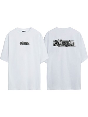 The Wert Unisex Attack Order Statue Ön Arka Baskılı Beyaz Oversize T-Shirt