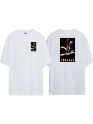 The Wert Unisex Nırvana, Microphone And Shoes Ön Arka Baskılı Beyaz Oversize T-Shirt