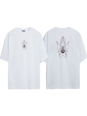 The Wert Unisex Çizgili Örümcek Ön Arka Baskılı Beyaz Oversize T-Shirt