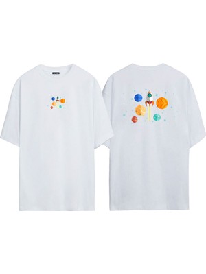 The Wert Unisex Çok Renkli Roket ve Gezegenler Ön Arka Baskılı Beyaz Oversize T-Shirt