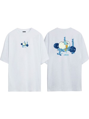 The Wert Unisex Spor Yapan Kırık Yumurta Ön Arka Baskılı Beyaz Oversize T-Shirt