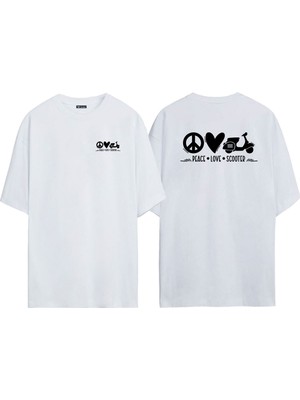 The Wert Unisex Peace Love Scooter Ön Arka Baskılı Beyaz Oversize T-Shirt