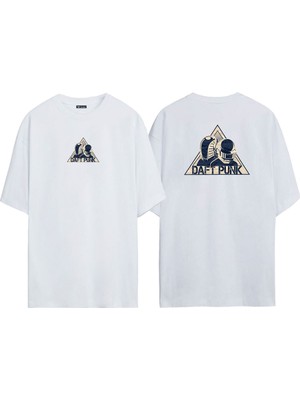 The Wert Unisex Daft Punk Logosu Ön Arka Baskılı Beyaz Oversize T-Shirt
