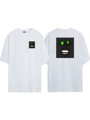 The Wert Unisex Green Phosphor Monkey Ön Arka Baskılı Beyaz Oversize T-Shirt