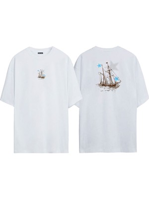 The Wert Unisex Kahverengi Yelkenli Tekne Illüstrasyon Ön Arka Baskılı Beyaz Oversize T-Shirt