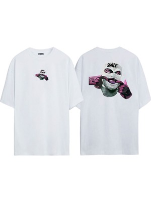 The Wert Unisex Ganster Maske Smile  Ön Arka Baskılı Beyaz Oversize T-Shirt