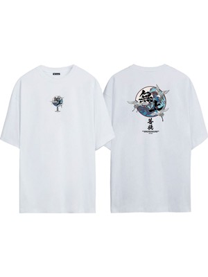 The Wert Unisex Japon Leylekler Ön Arka Baskılı Beyaz Oversize T-Shirt