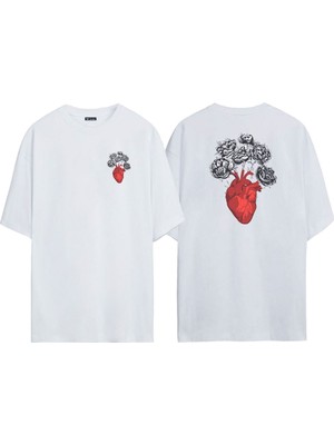 The Wert Unisex Heart With Fading Flowers Ön Arka Baskılı Beyaz Oversize T-Shirt