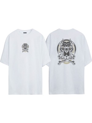 The Wert Unisex Altın Kolyeli Pitbull Ön Arka Baskılı Beyaz Oversize T-Shirt