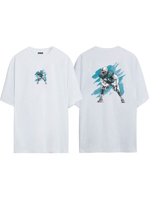 The Wert Unisex Amerikan Futbolu Oyuncusu Ön Arka Baskılı Beyaz Oversize T-Shirt