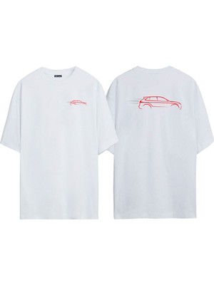 The Wert Unisex Red Vehicle Car Ön Arka Baskılı Beyaz Oversize T-Shirt