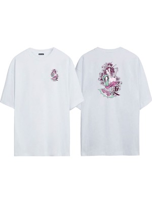 The Wert Unisex Japon Geyşa Ön Arka Baskılı Beyaz Oversize T-Shirt