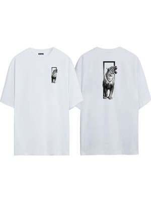 The Wert Unisex Roaring Tiger Ön Arka Baskılı Beyaz Oversize T-Shirt