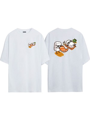 The Wert Unisex Güneşlenen Sushi Ön Arka Baskılı Beyaz Oversize T-Shirt