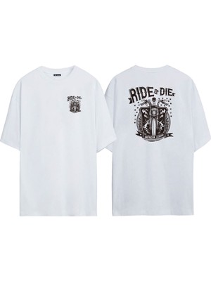The Wert Unisex Ride ve Die Motosiklet Ön Arka Baskılı Beyaz Oversize T-Shirt