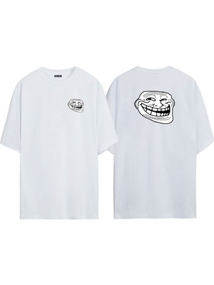 The Wert Unisex Internet Trol Trollface Rage Komik Ön Arka Baskılı Beyaz Oversize T-Shirt
