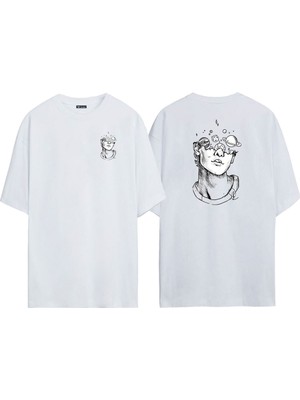 The Wert Unisex Unknown Gezegenler Ön Arka Baskılı Beyaz Oversize T-Shirt