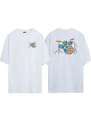 The Wert Unisex Mavi ve Sarı Akustik Davul Ön Arka Baskılı Beyaz Oversize T-Shirt