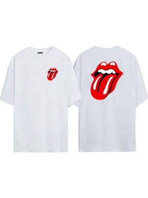 The Wert Unisex Rolling Stones Logo Müzikal Topluluğu Ön Arka Baskılı Beyaz Oversize T-Shirt