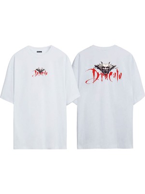 The Wert Unisex Drakula Ön Arka Baskılı Beyaz Oversize T-Shirt