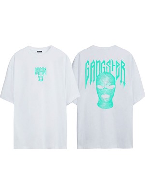 The Wert Unisex Yeşil Gangster Maske Ön Arka Baskılı Beyaz Oversize T-Shirt