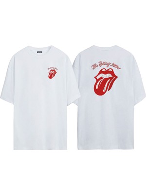 The Wert Unisex The Rolling Stones Ön Arka Baskılı Beyaz Oversize T-Shirt